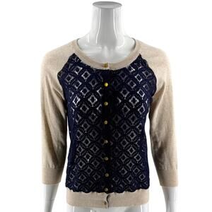 Camellia Cardigan Sweater Womens Size Medium Navy Blue Tan Lace Semi Sheer Front